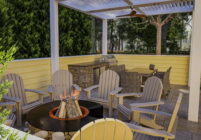 white-pergola-with-a-fan-and-outdoor-living-area-dining-set-and-fire-place-on-yellow-privacy-fence-in-outer-banks-nc